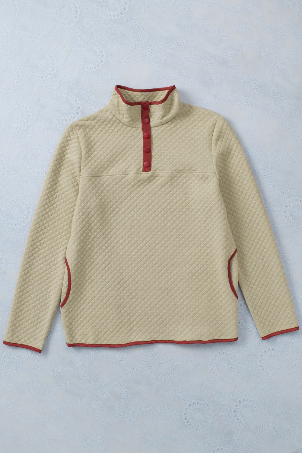 Beige Contrast Binding Snap Button Geometric Pullover Sweatshirt