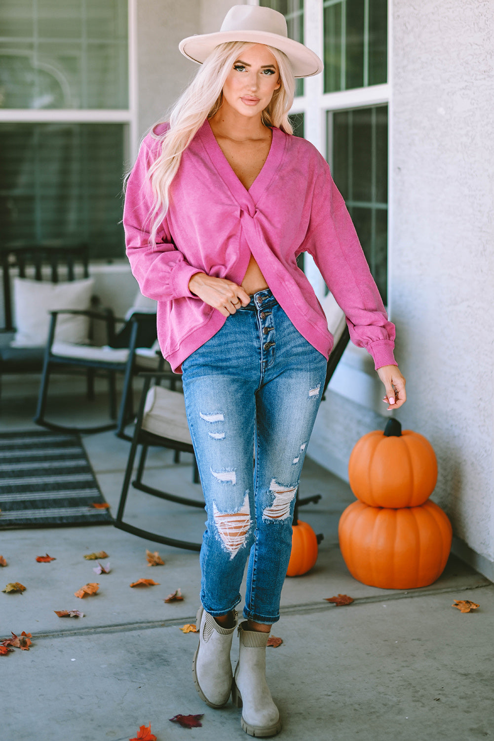 Rose Exposed Seam Twist Open Back Oversized Sweatshirt