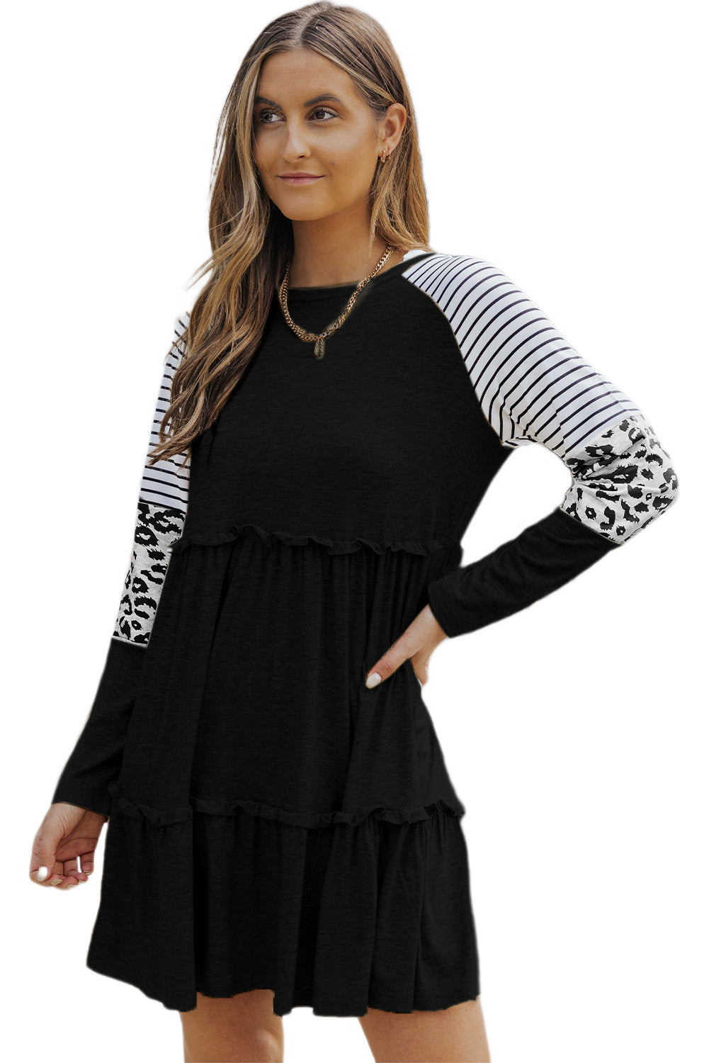 Black Striped Leopard Patchwork Long Sleeve Mini Dress