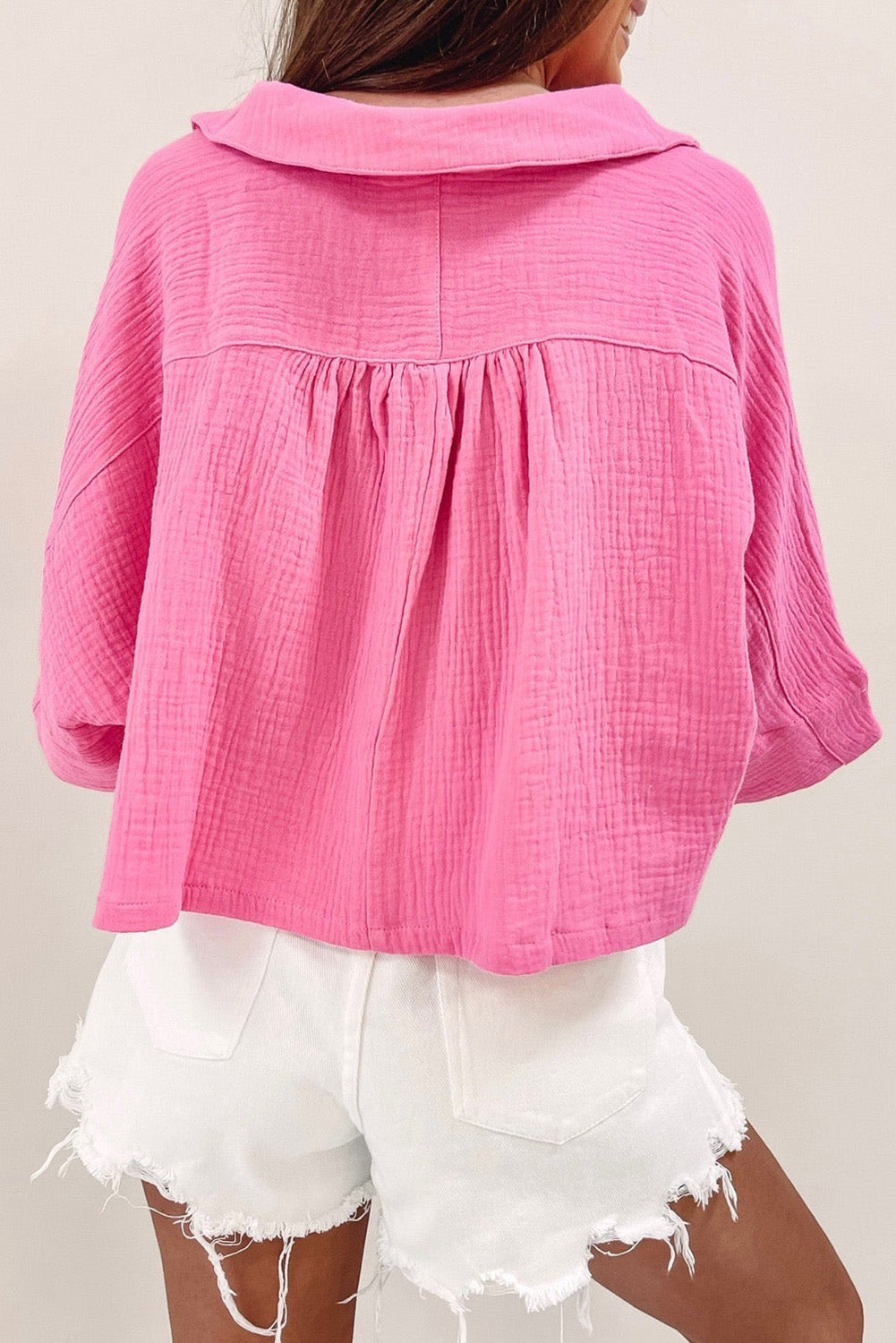 Pink Half Sleeves Crinkled Cropped Shirt