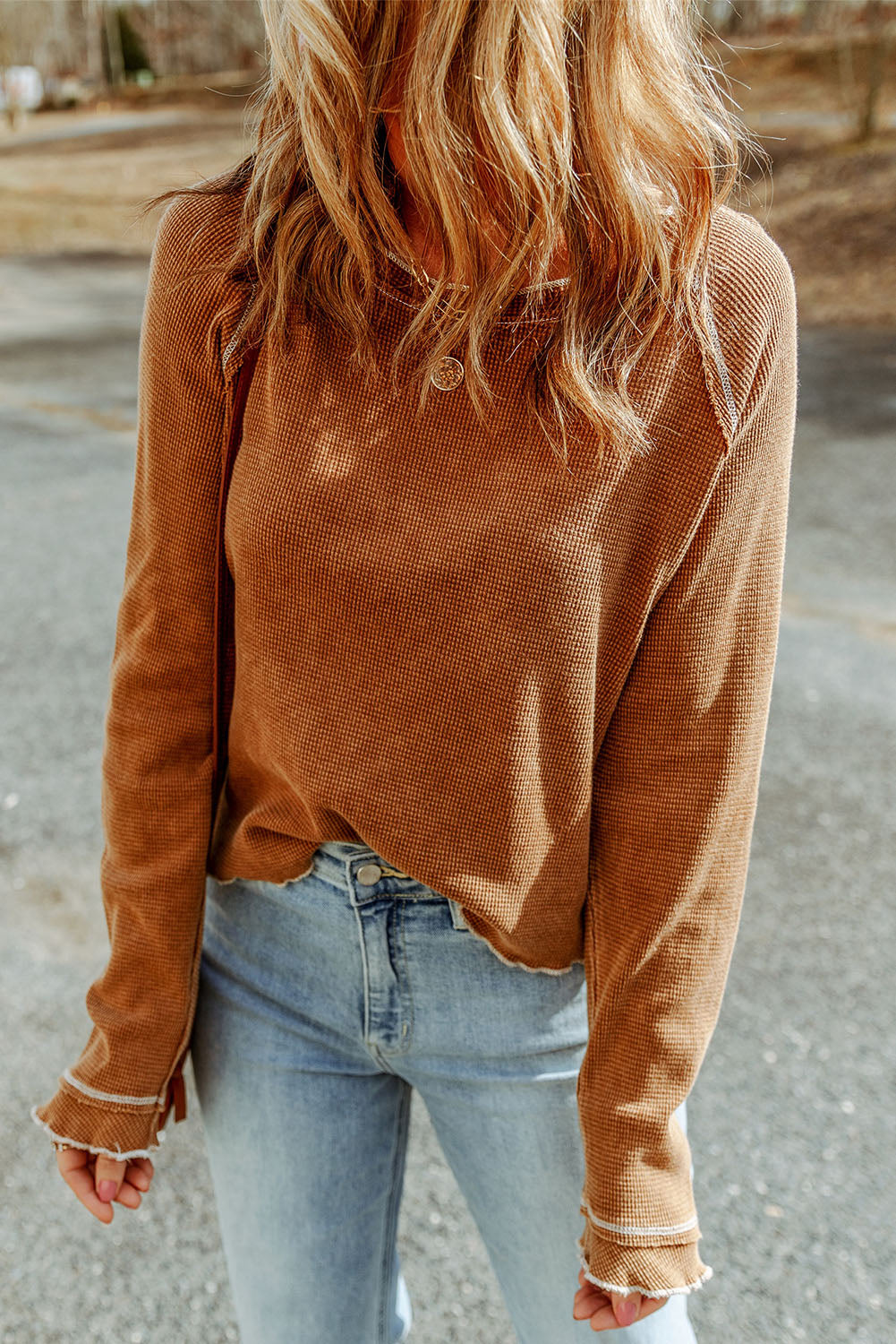 Brown Textured Round Neck Long Sleeve Top