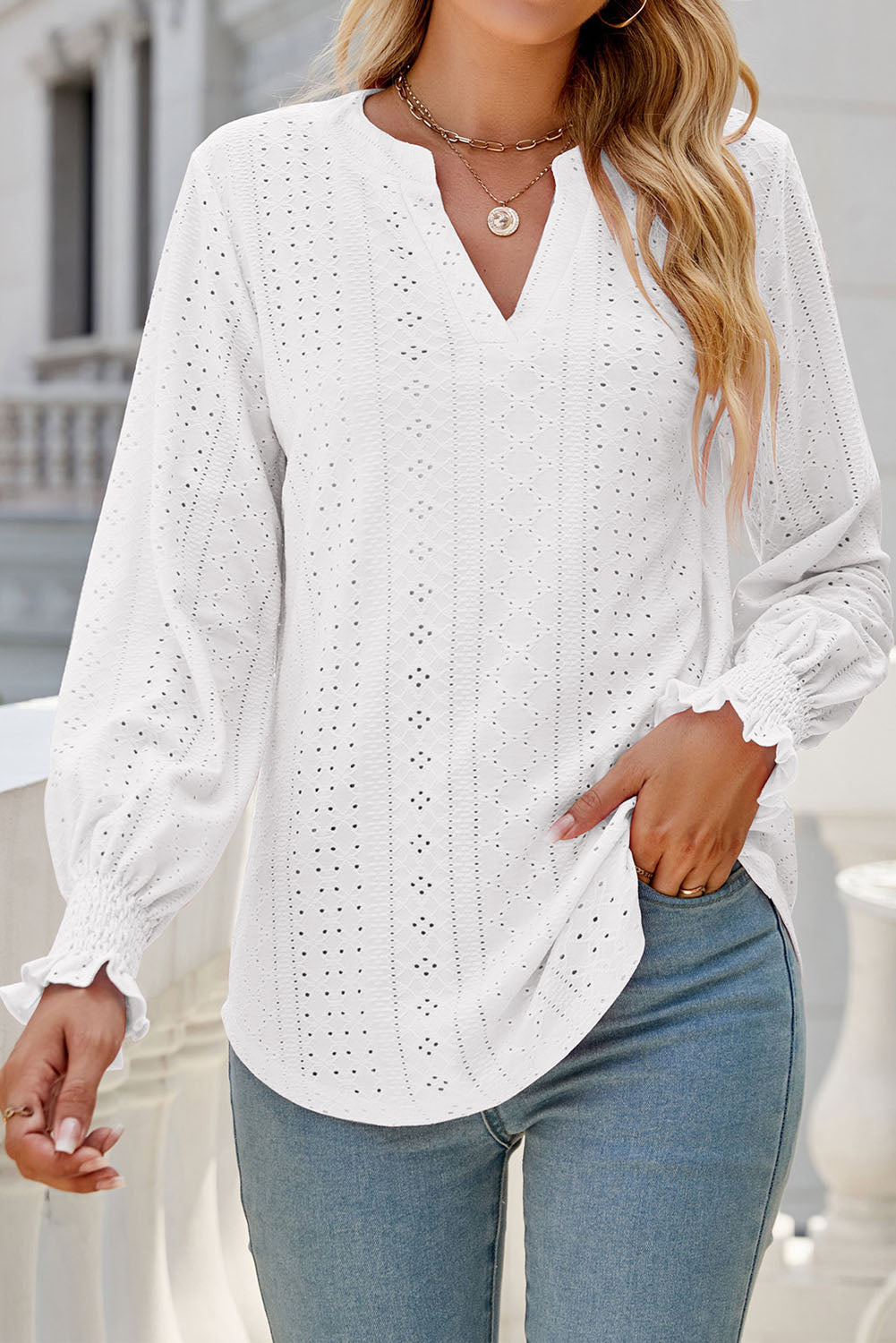 White Split Neck Textured Loose Blouse