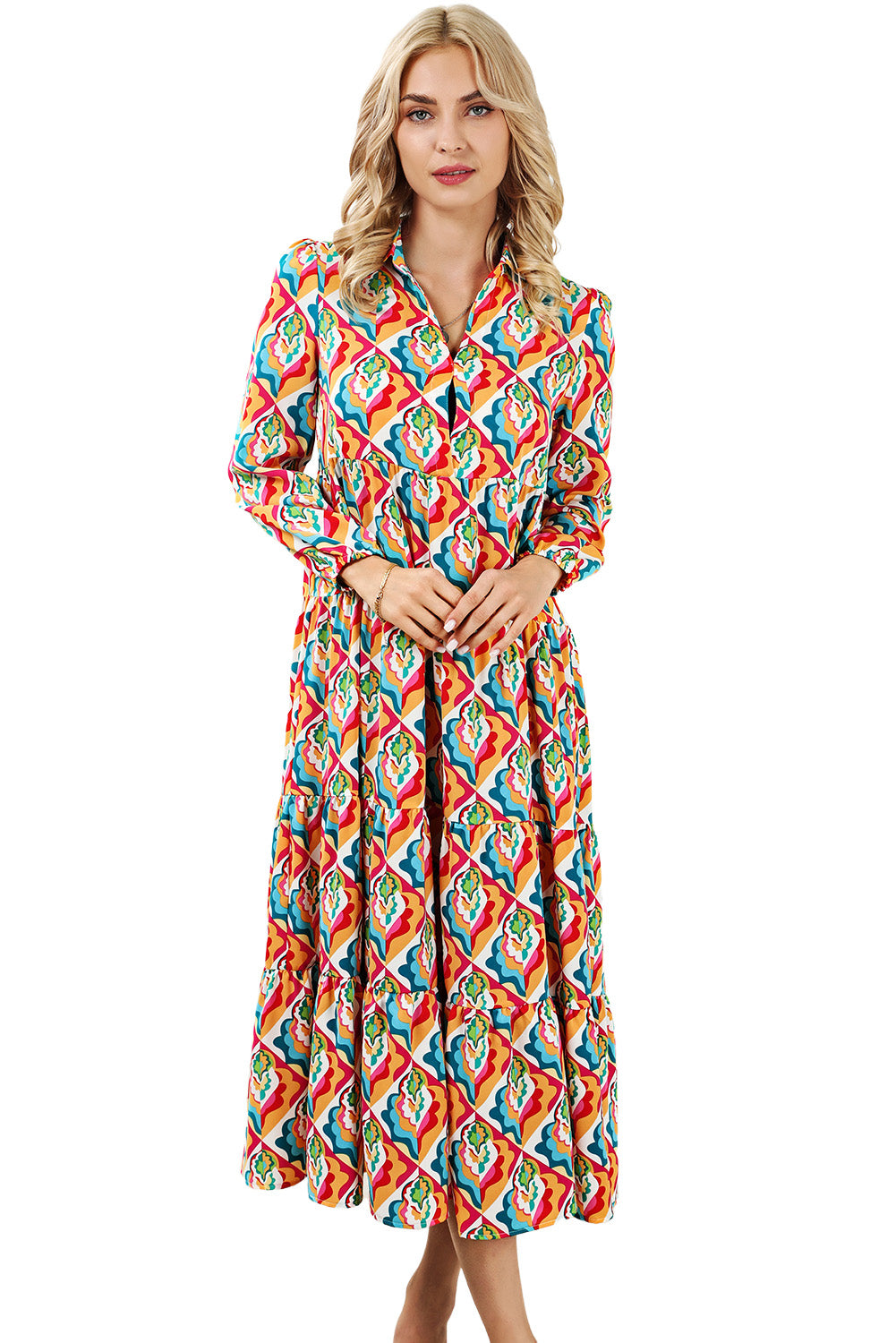 Multicolor Abstract Geometric Print Long Sleeve High Waist Dress