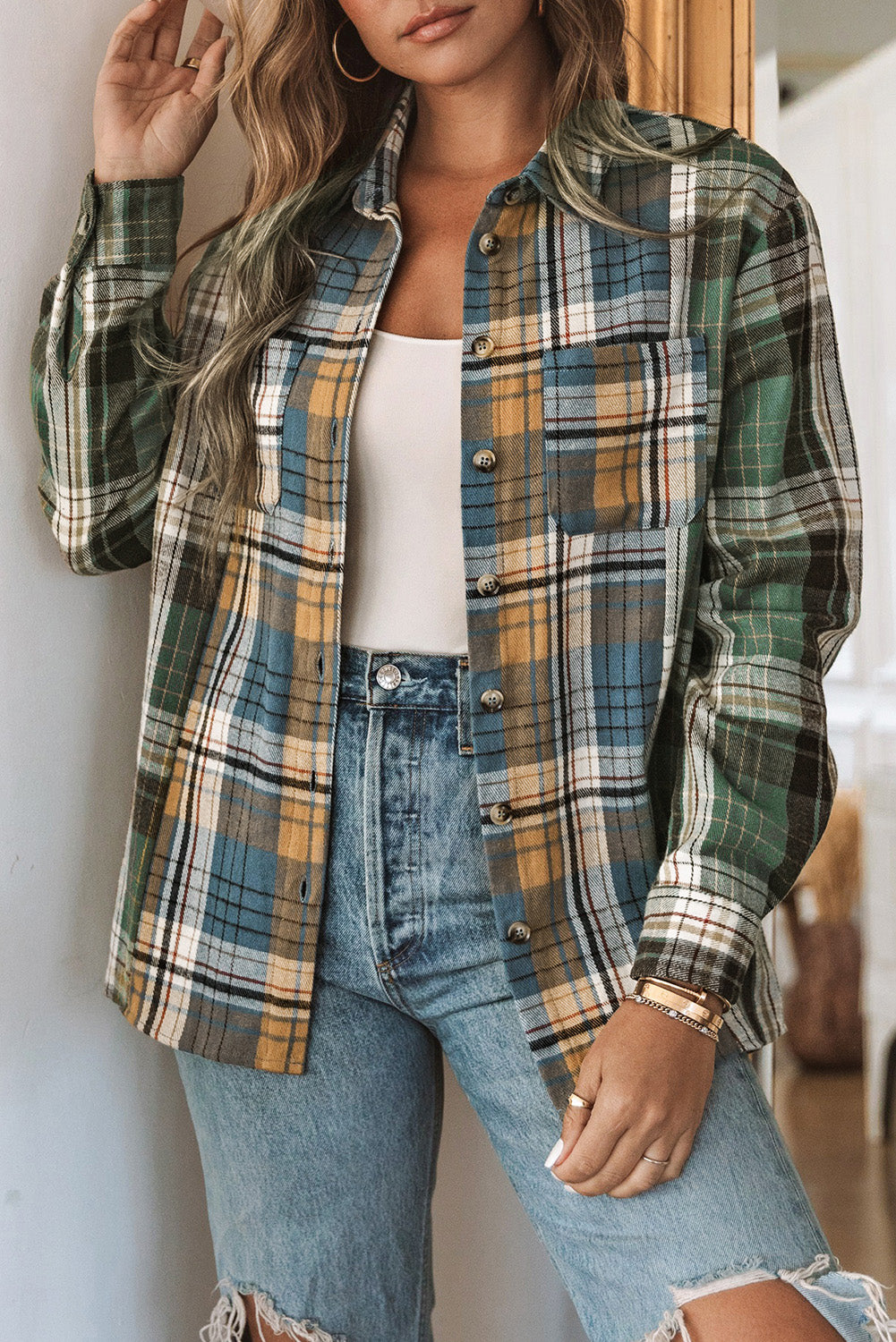 Green Chest Pockets Button Up Plaid Shacket