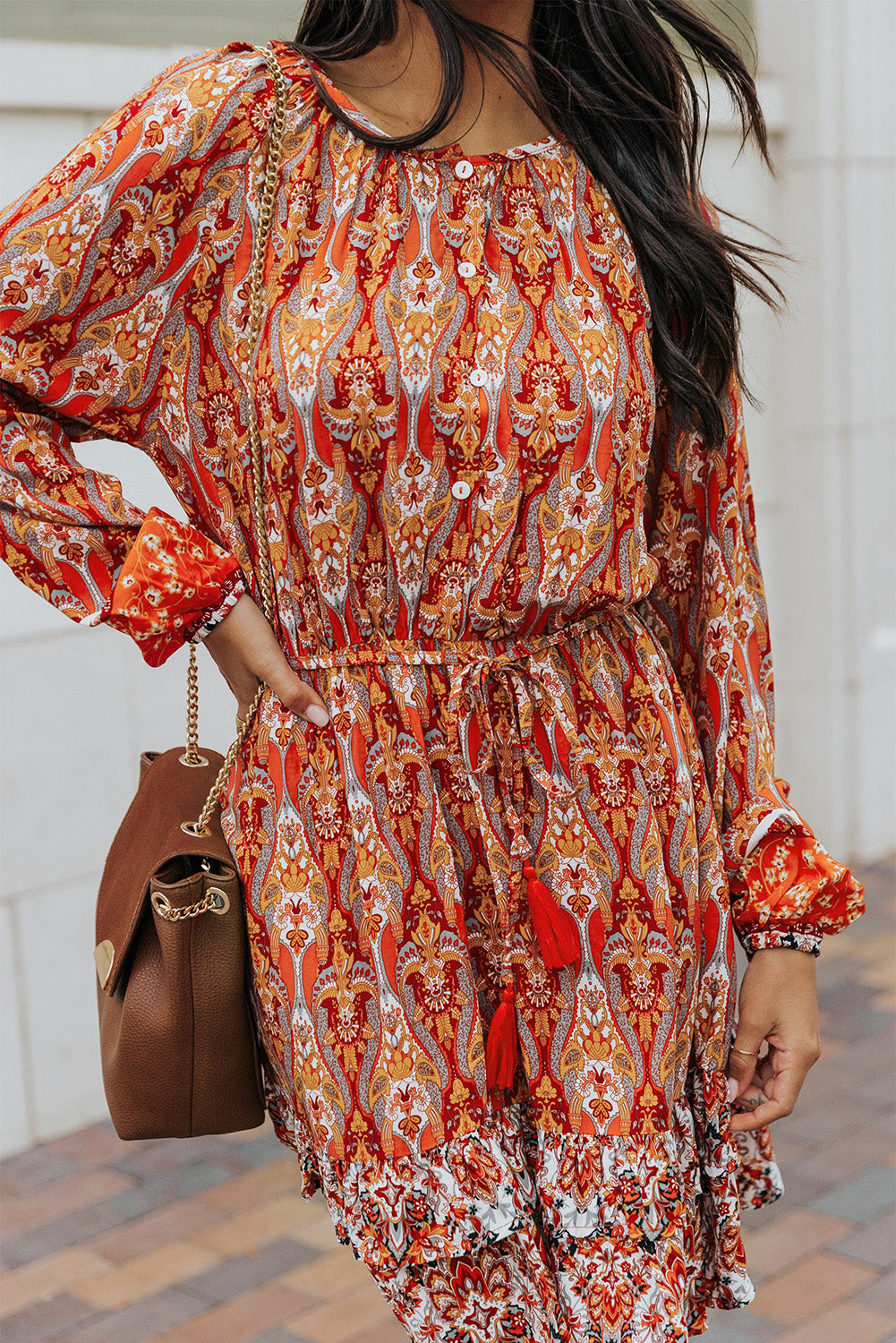 Orange Western Pattern Print Lantern Sleeve Drawstring Mini Dress