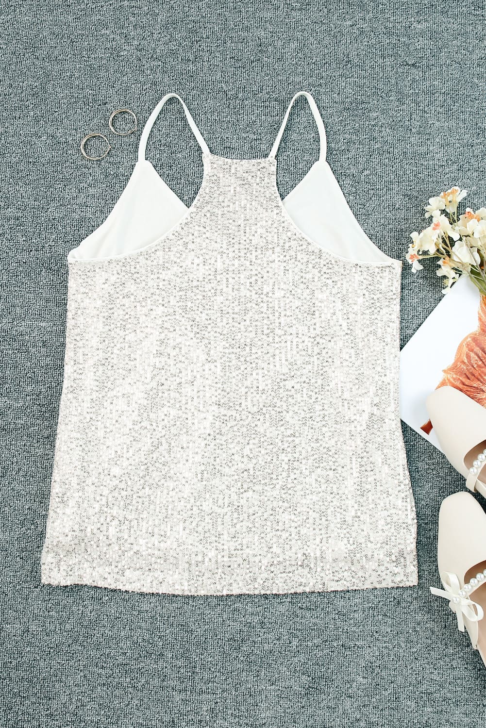 Silver Spaghetti Straps Sequin Tank Top