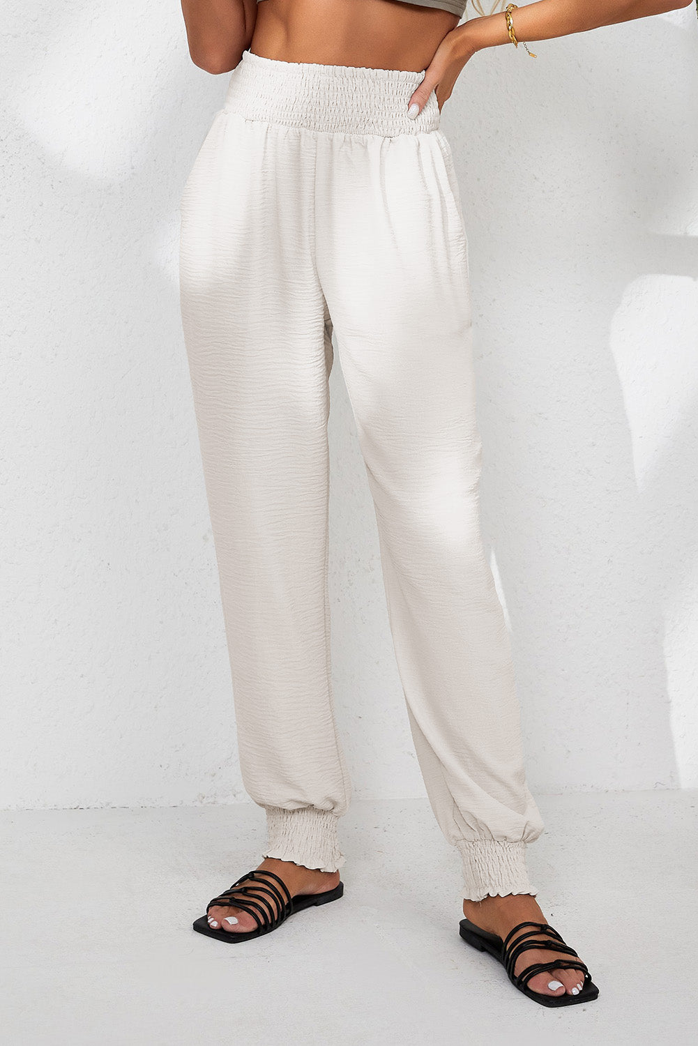 Apricot Linen Shirred High Waist Pocket Jogger Pants