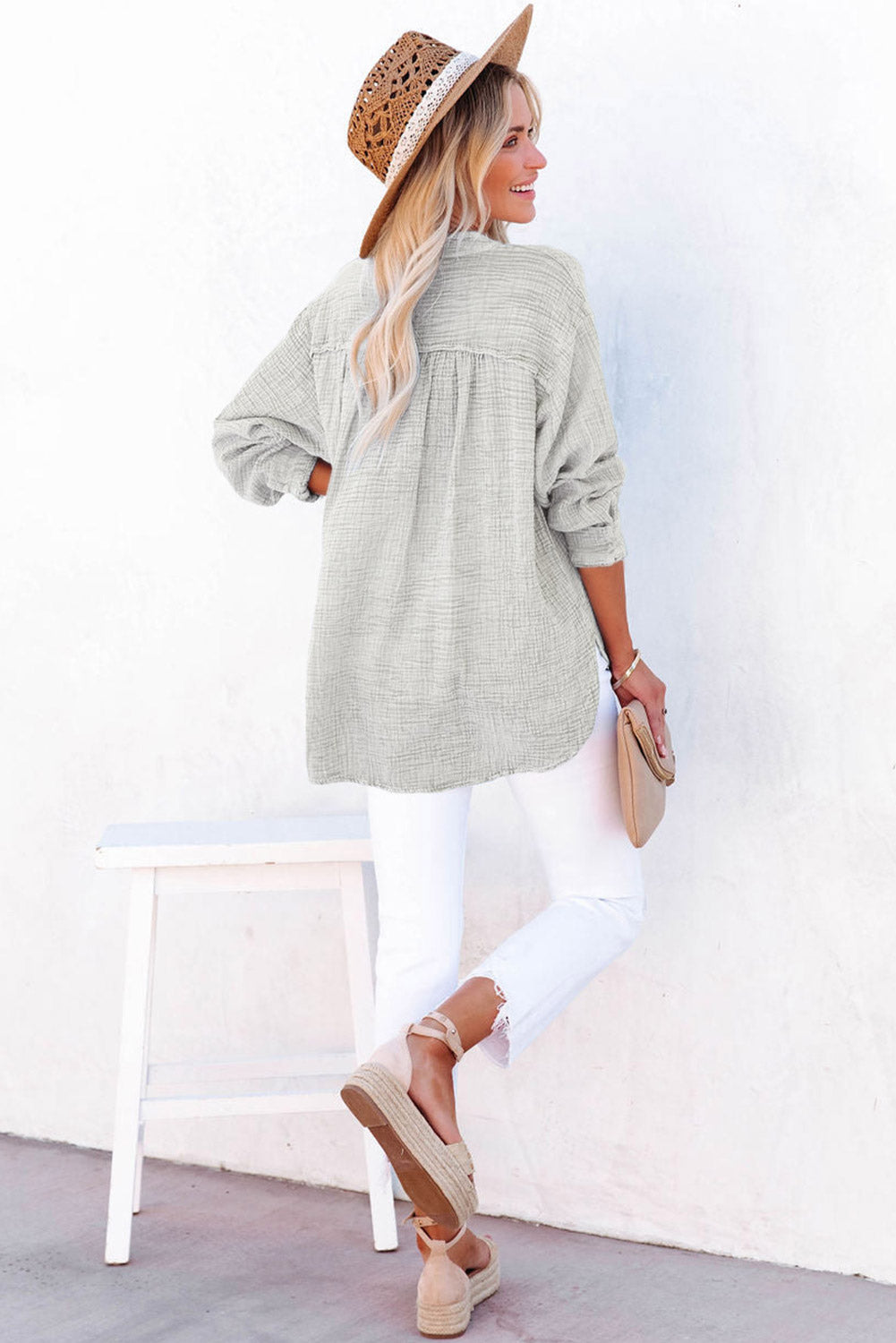 Gray Crinkle Textured Loose Henley Top