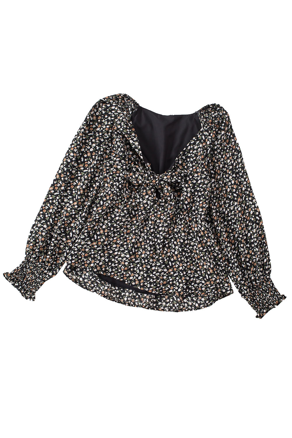 Black Floral Print Front Tie Ruffled Long Sleeve Blouse