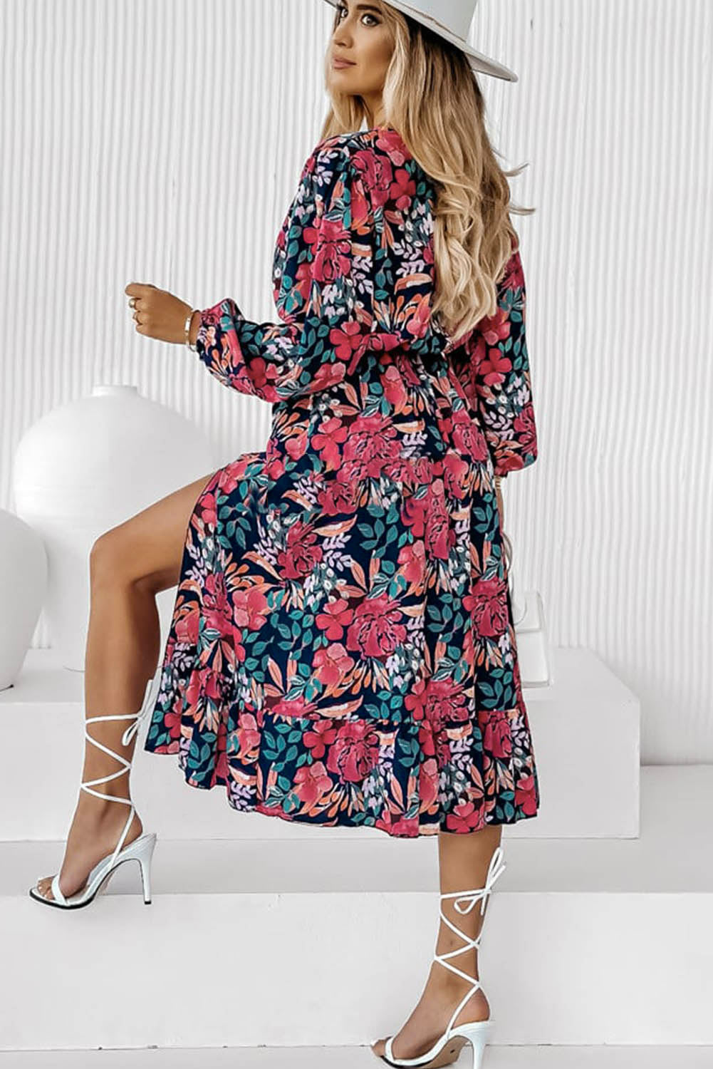 Red V Neck Elastic High Waist Split Floral Dress