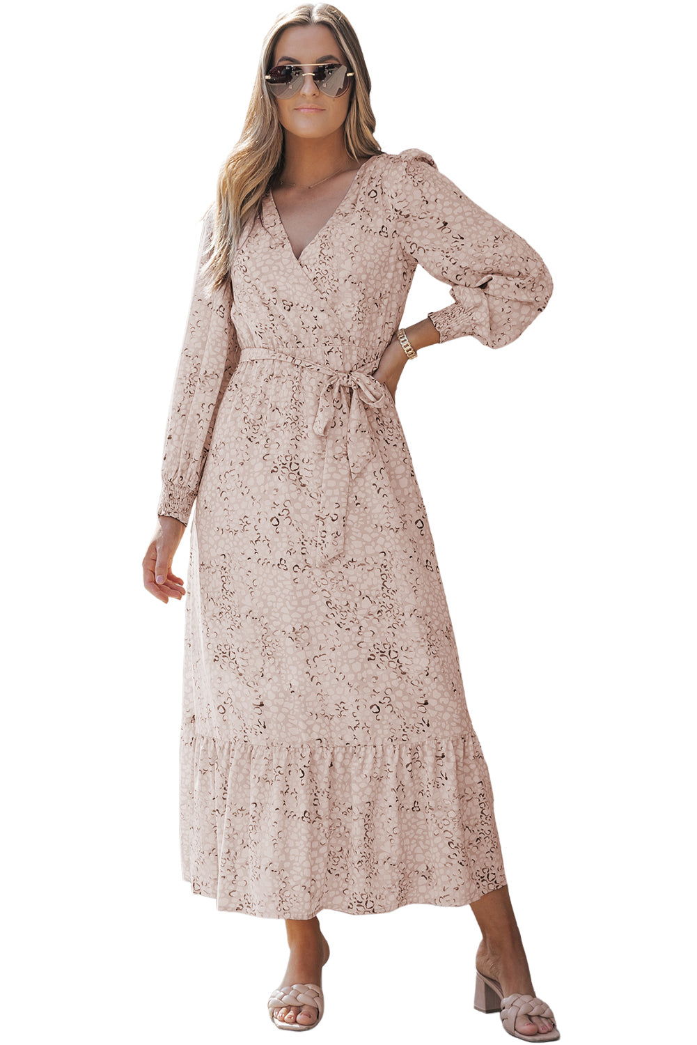 Leopard Surplice Neck Bubble Sleeve Maxi Dress with Sash