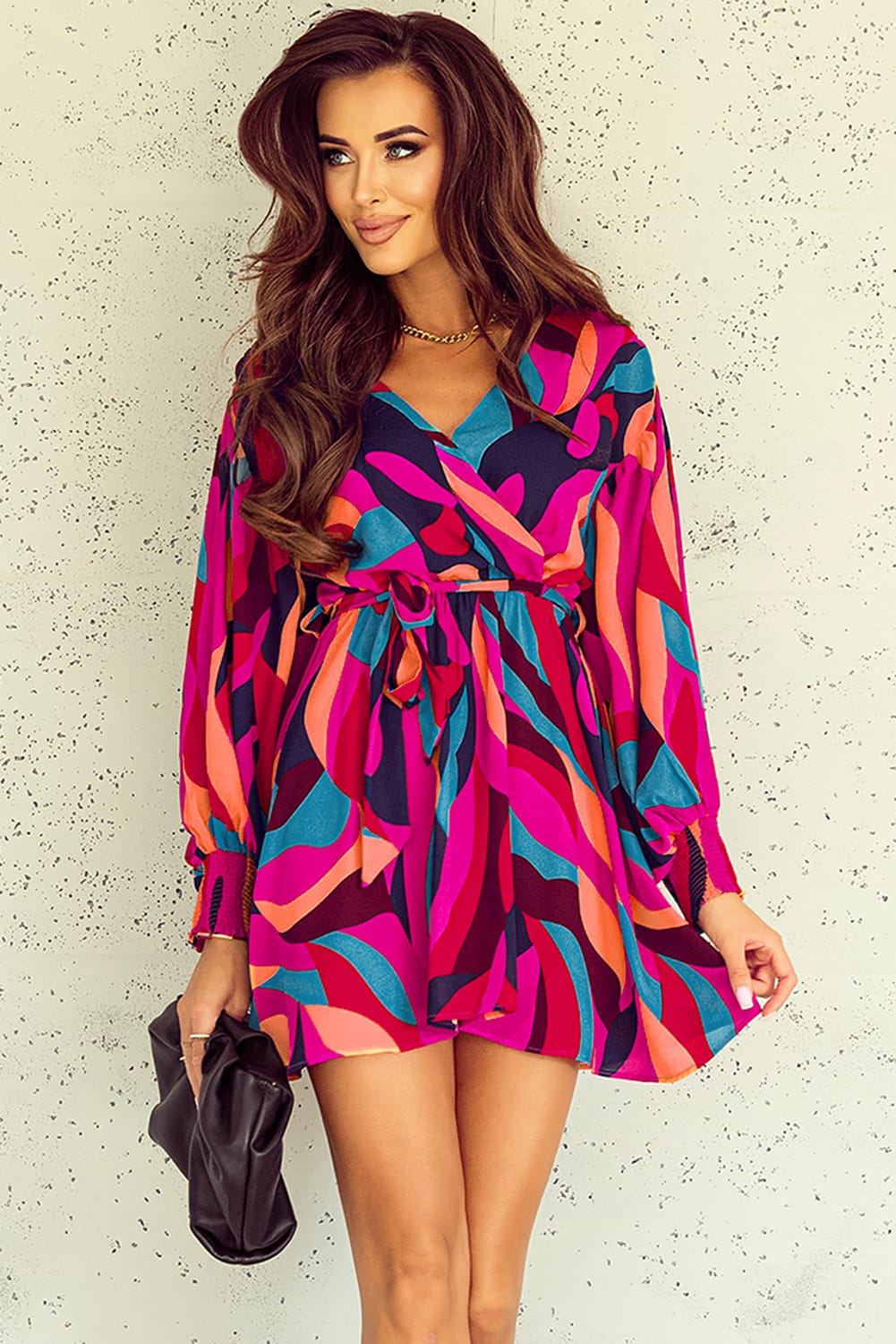 Red Abstract Printed Belted Puff Sleeve Mini Dress