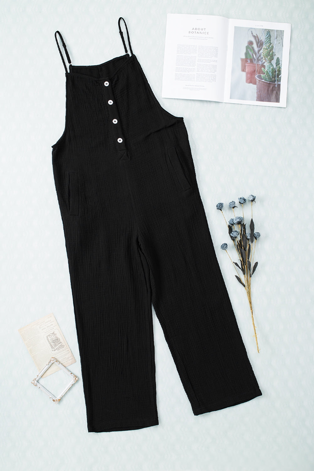 Black Spaghetti Straps Crinkle Henley Jumpsuit