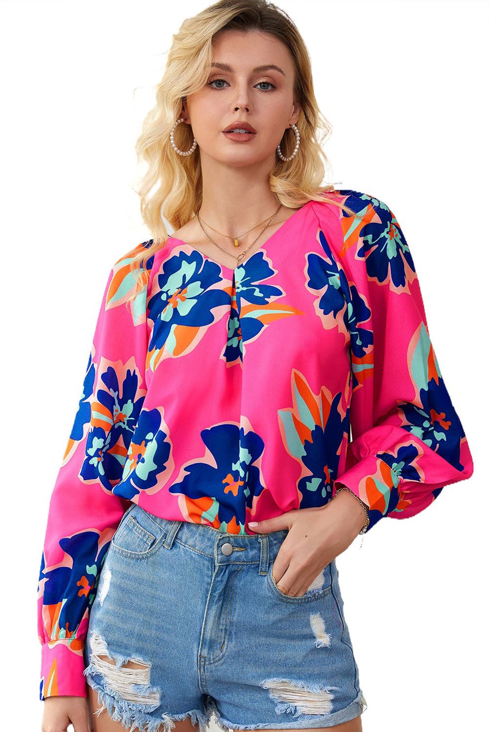 Rose Flower Print Puff Sleeve Blouse