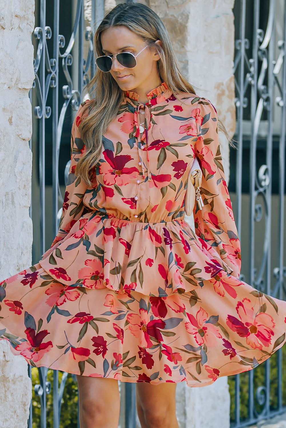 Red Frilled Collar Long Sleeve Floral Dress with Ruffle