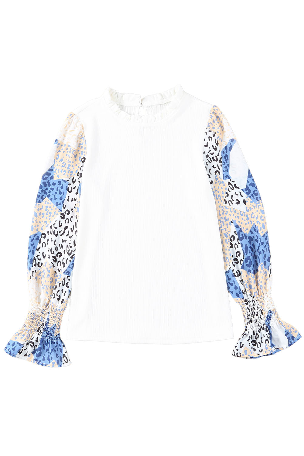 White Leopard Color Block Ruffled Blouse