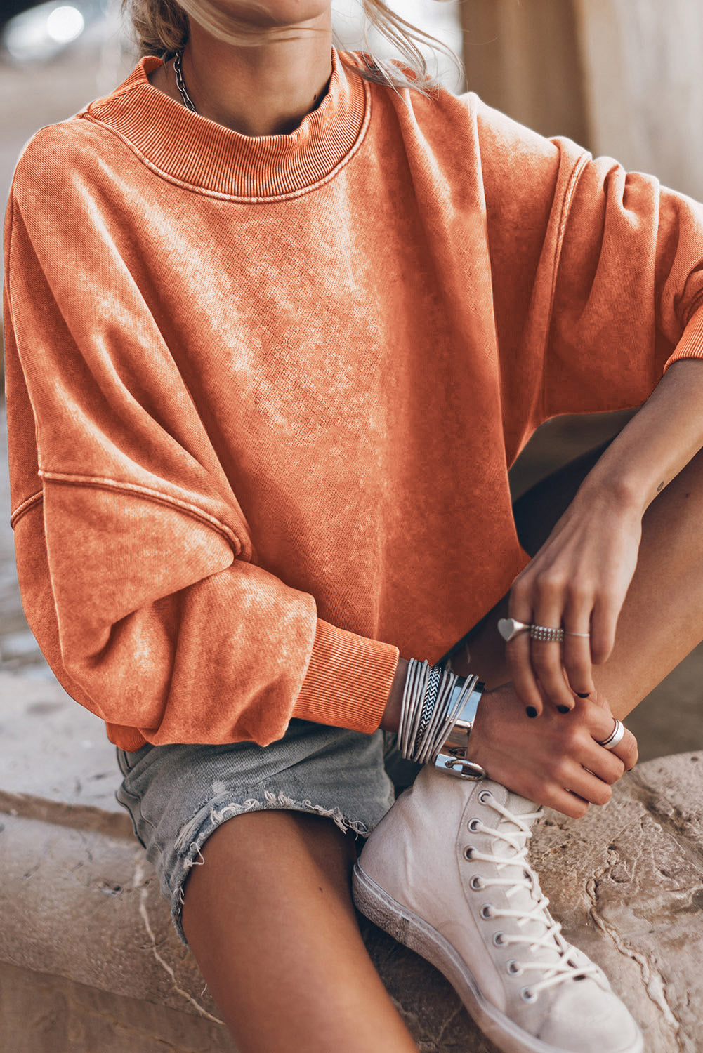 Orange Drop Shoulder Crew Neck Pullover Sweatshirt