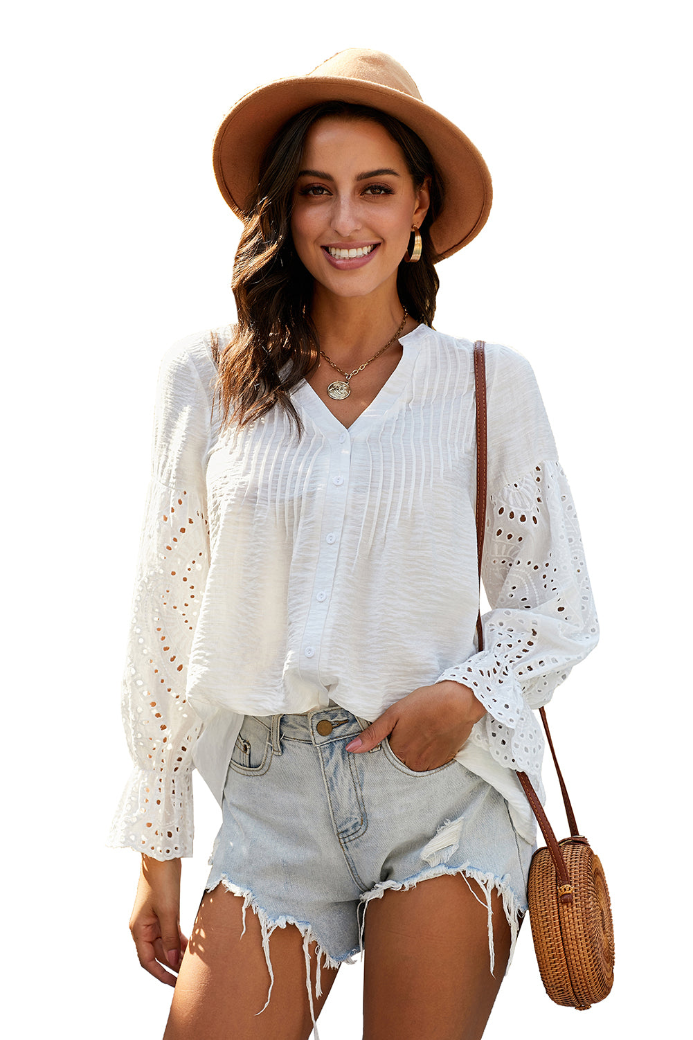 White Rekindle Eyelet Button Up Top