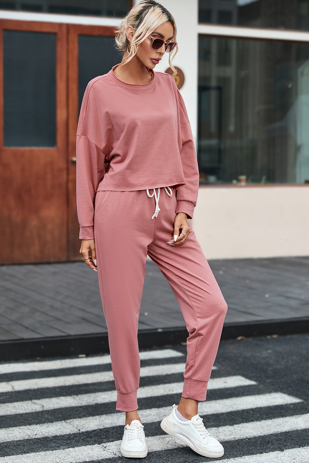 Pink Solid Sport Boxy Fit Pullover & Pants Outfit