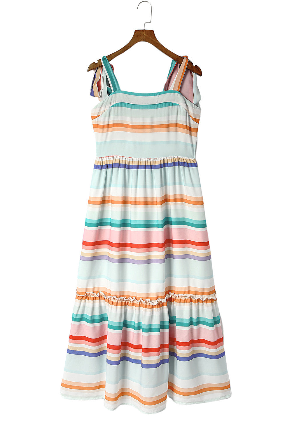 Multicolor Tie Shoulder Strap Striped Midi Dress