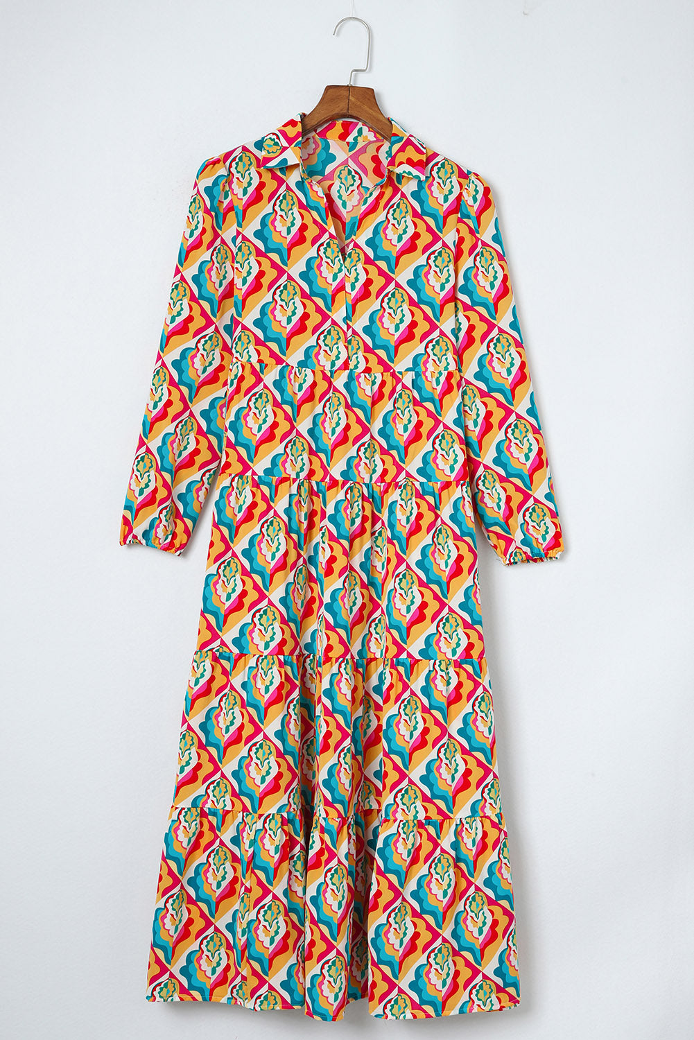 Multicolor Abstract Geometric Print Long Sleeve High Waist Dress