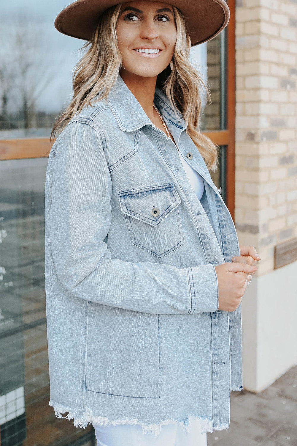 Sky Blue Flap Pocket Buttoned Raw Hem Denim Jacket