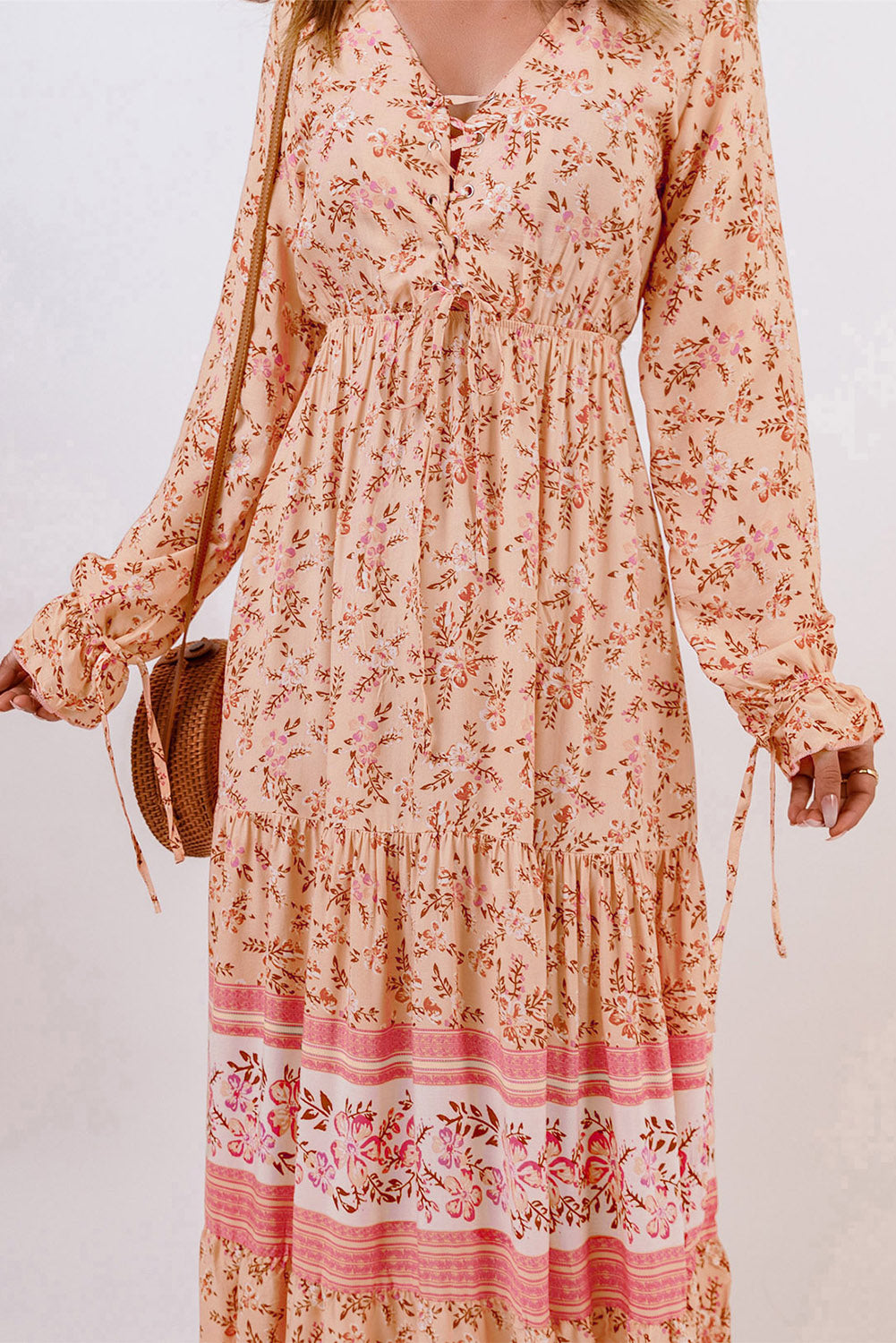 Orange Drawstring Lace-up V Neck Long Sleeve Floral Maxi Dress