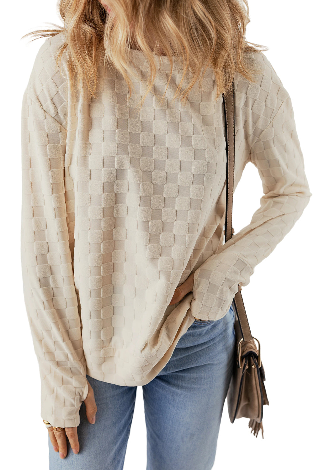 Beige Solid Textured Thumbhole Sleeve Top