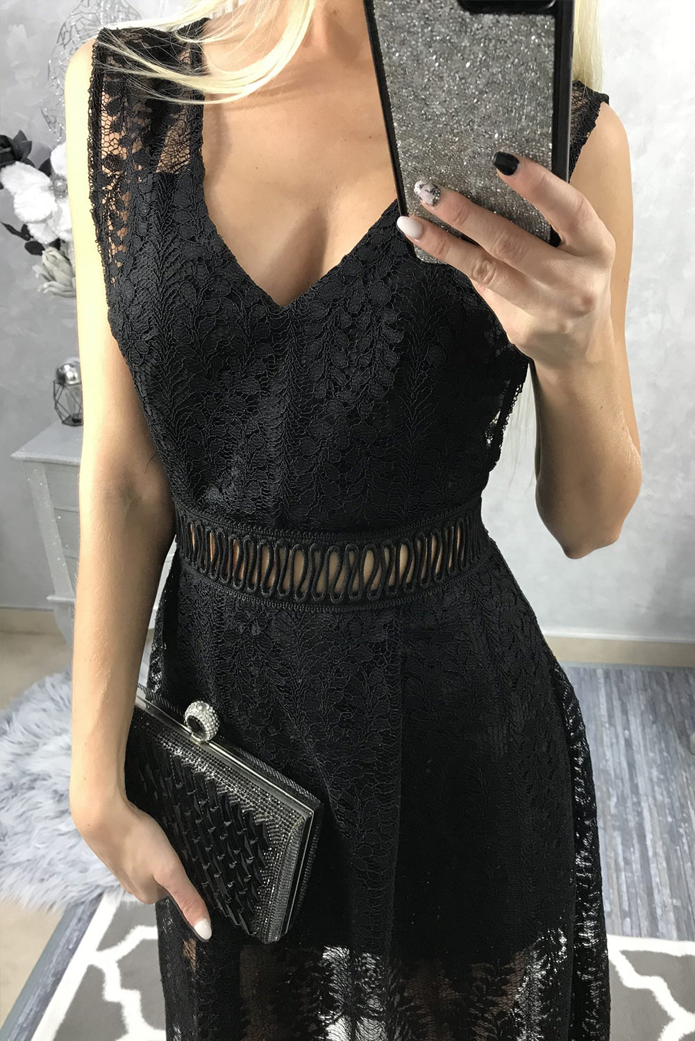 Black Contrast Lace High Waist Sleeveless V Neck Long Dress