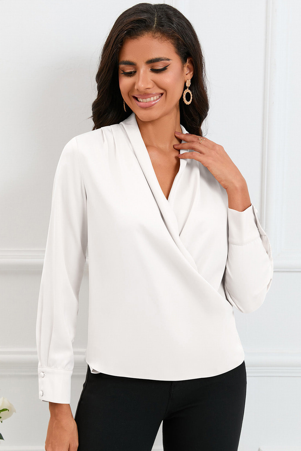 White Solid Wrap V Neck Long Sleeve Top