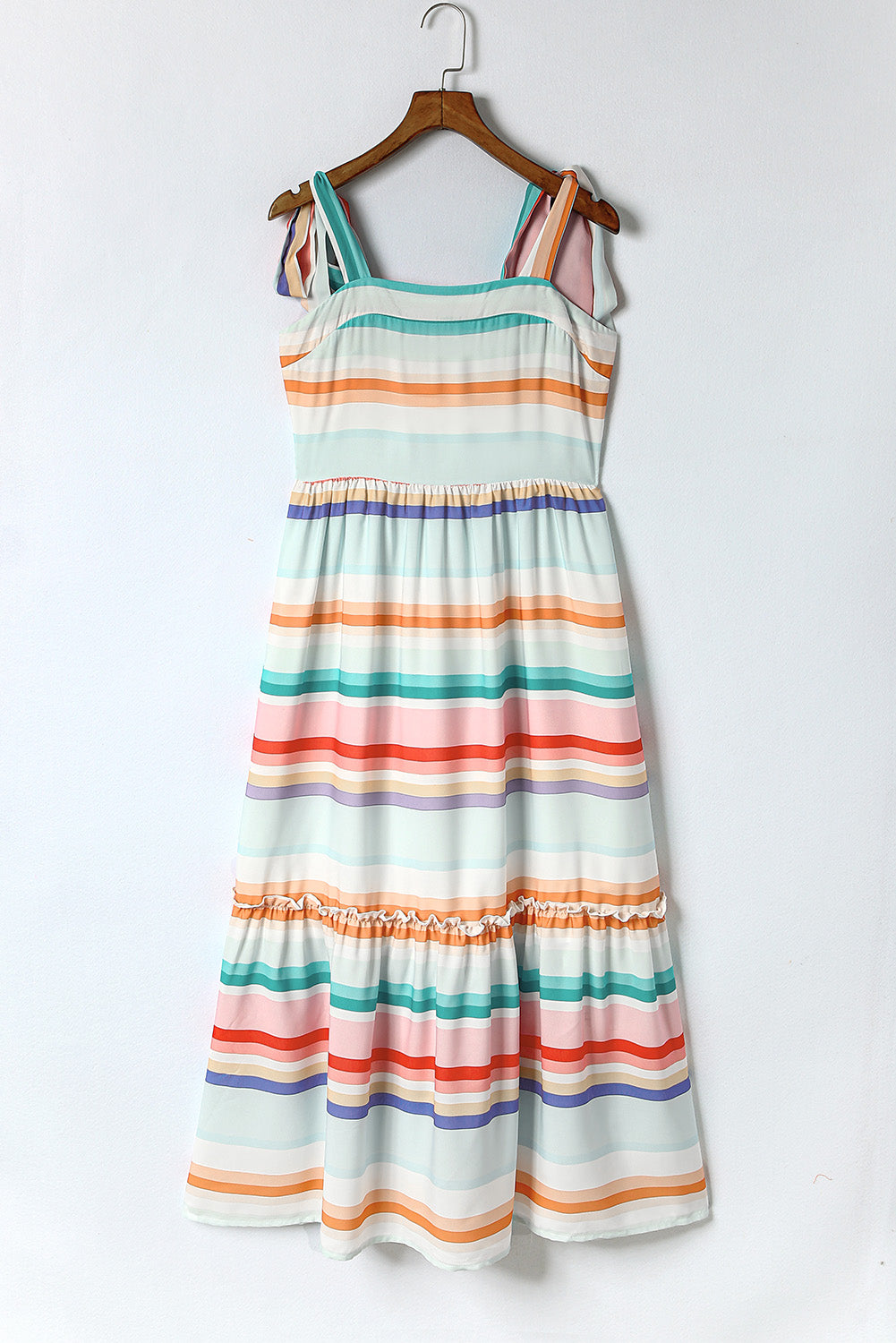 Multicolor Tie Shoulder Strap Striped Midi Dress