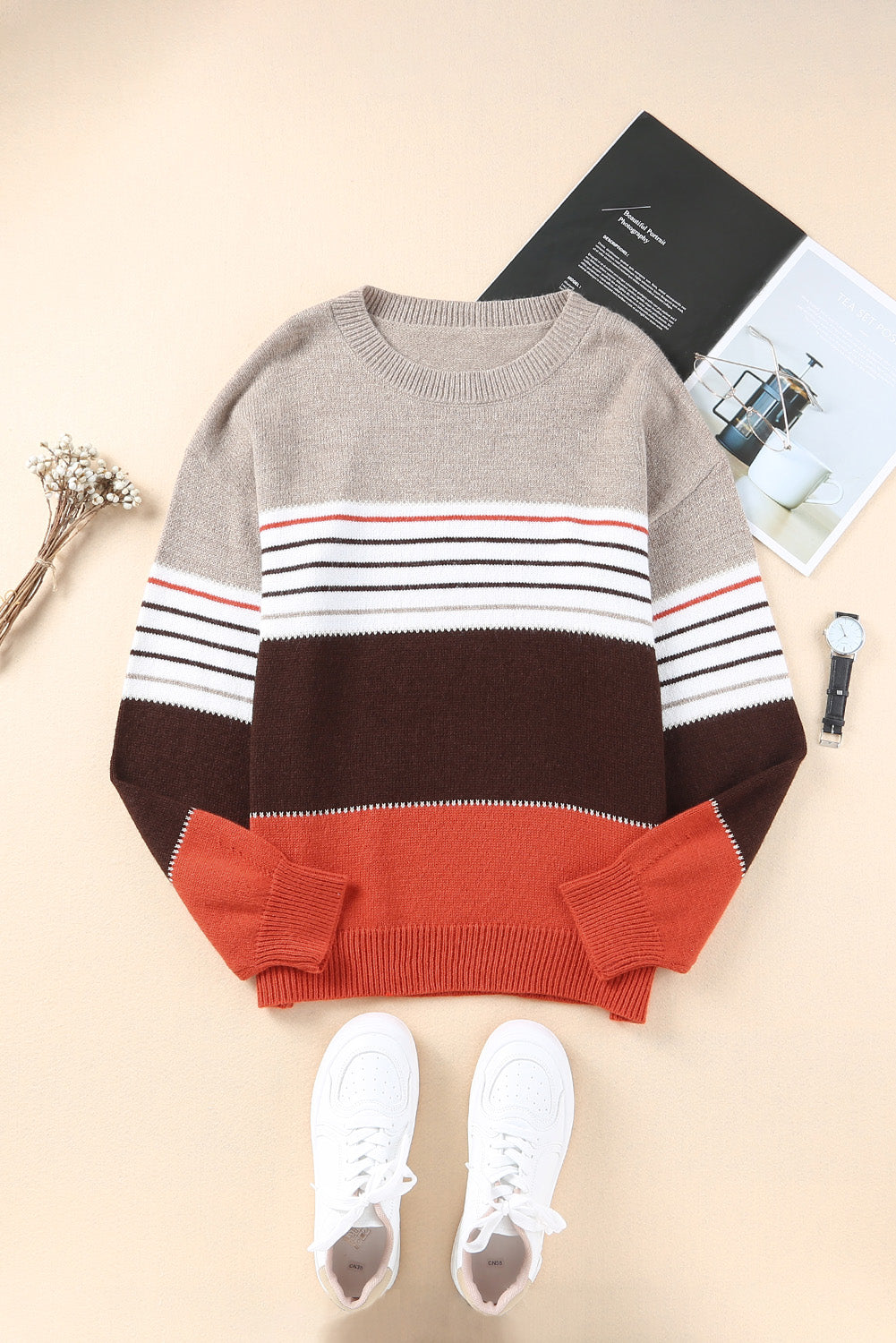 Color Block Striped Knit Oversize Sweater