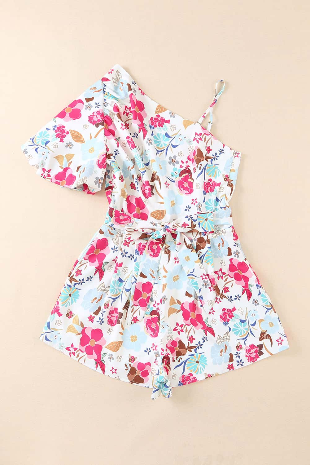 White Floral Single Bubble Sleeve Slant Shoulder Romper