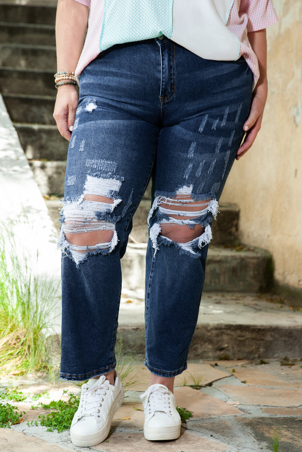 Blue High Waist Distressed Plus Size Jeans