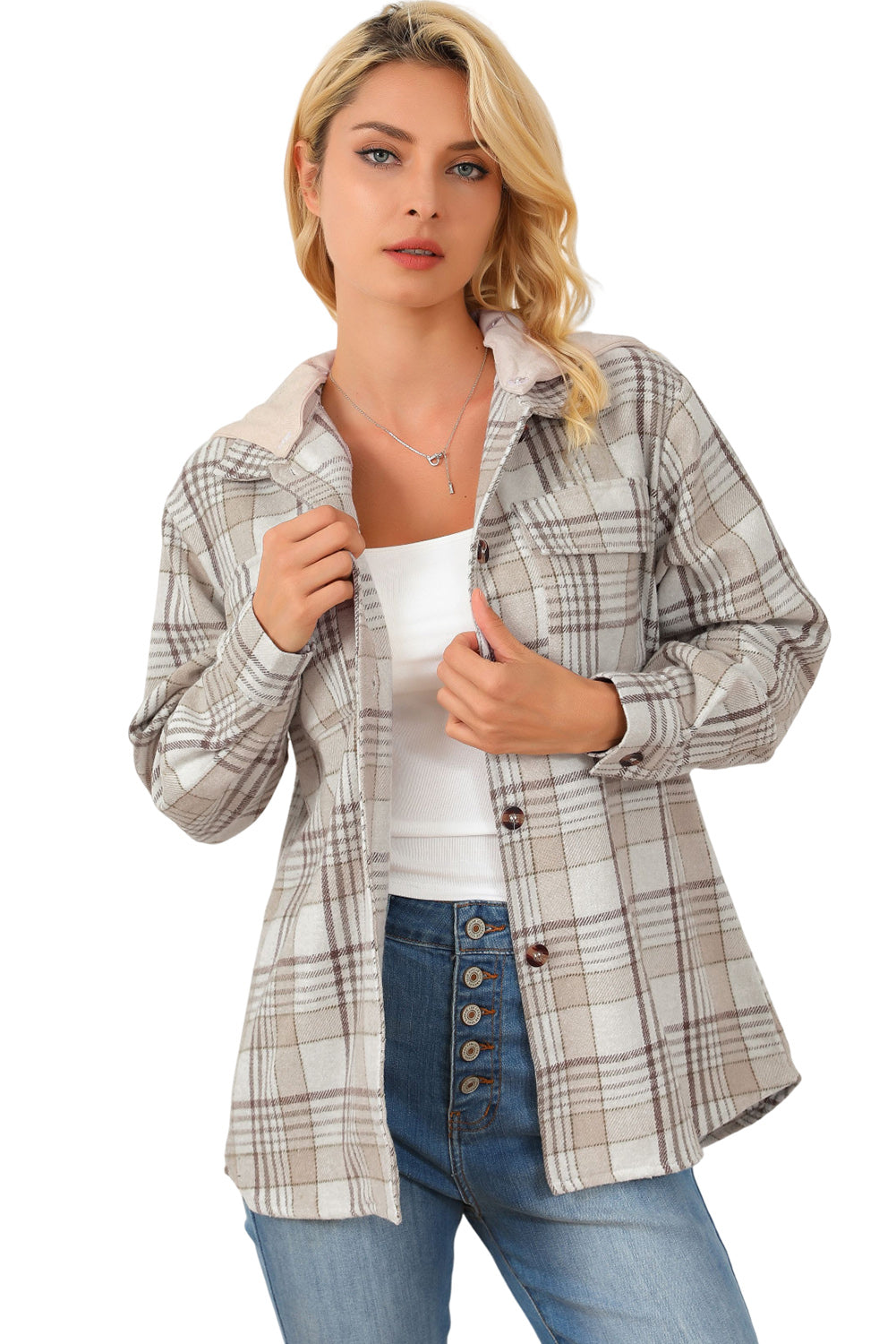 Khaki Plaid Removable Hood Buttoned Shacket