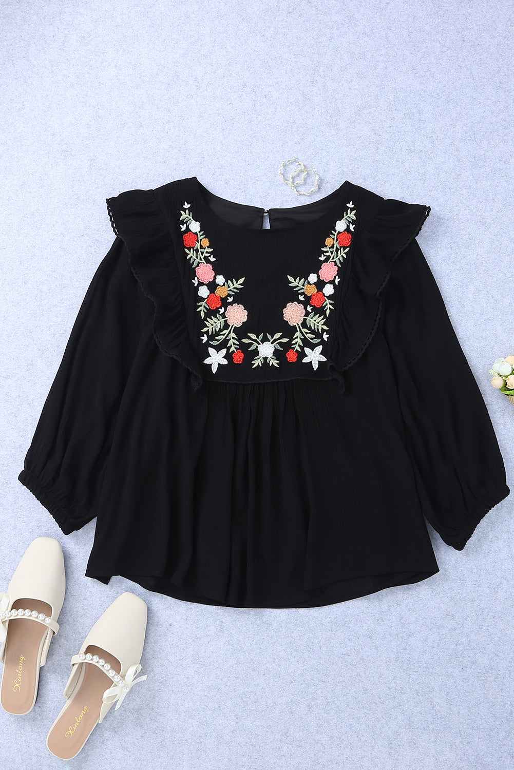 Black Bohemian Floral Embroidered Ruffled Babydoll Top