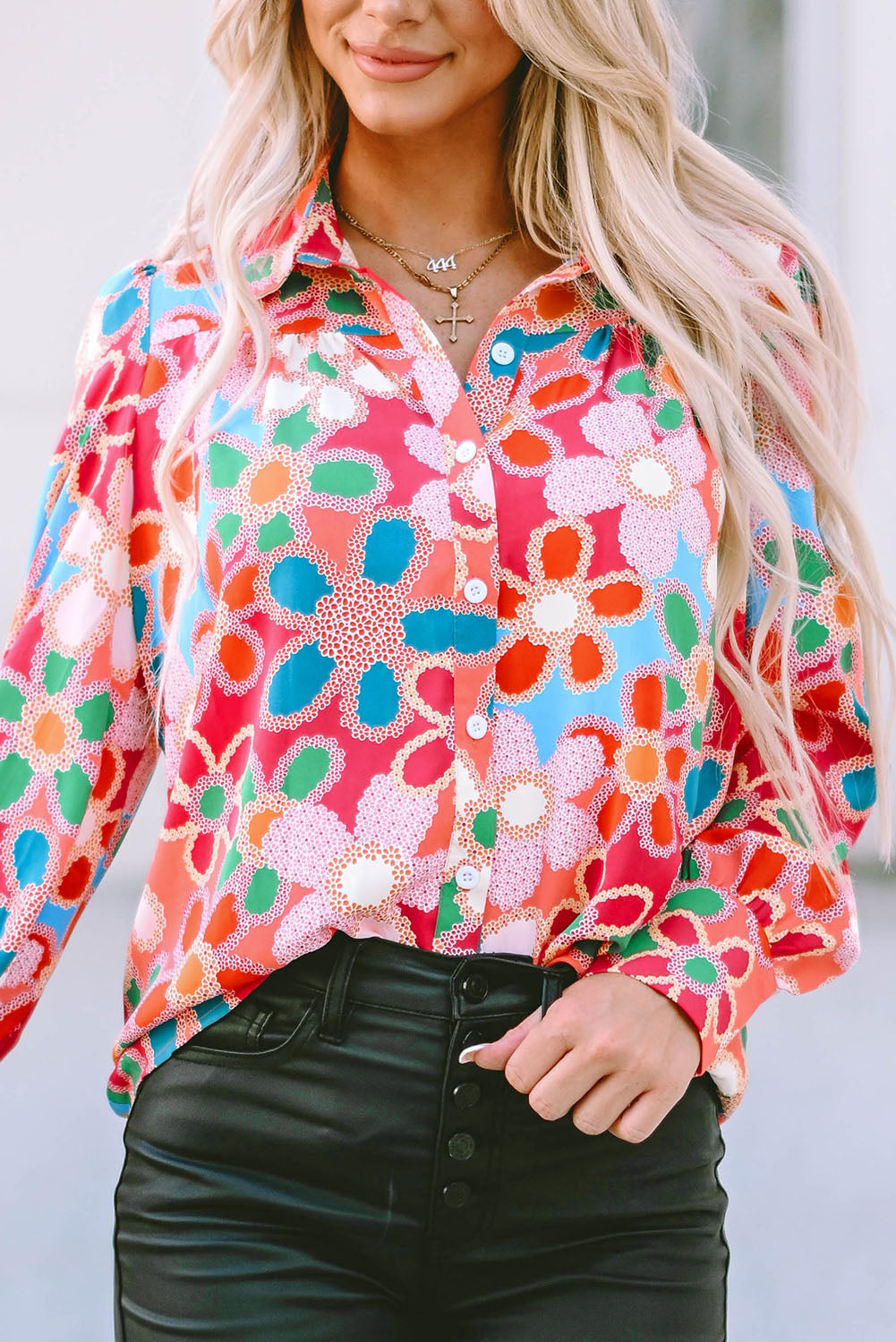 Multicolor Floral Print Bubble Sleeve Shirt