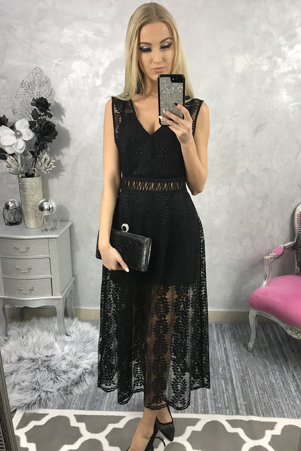 Black Contrast Lace High Waist Sleeveless V Neck Long Dress