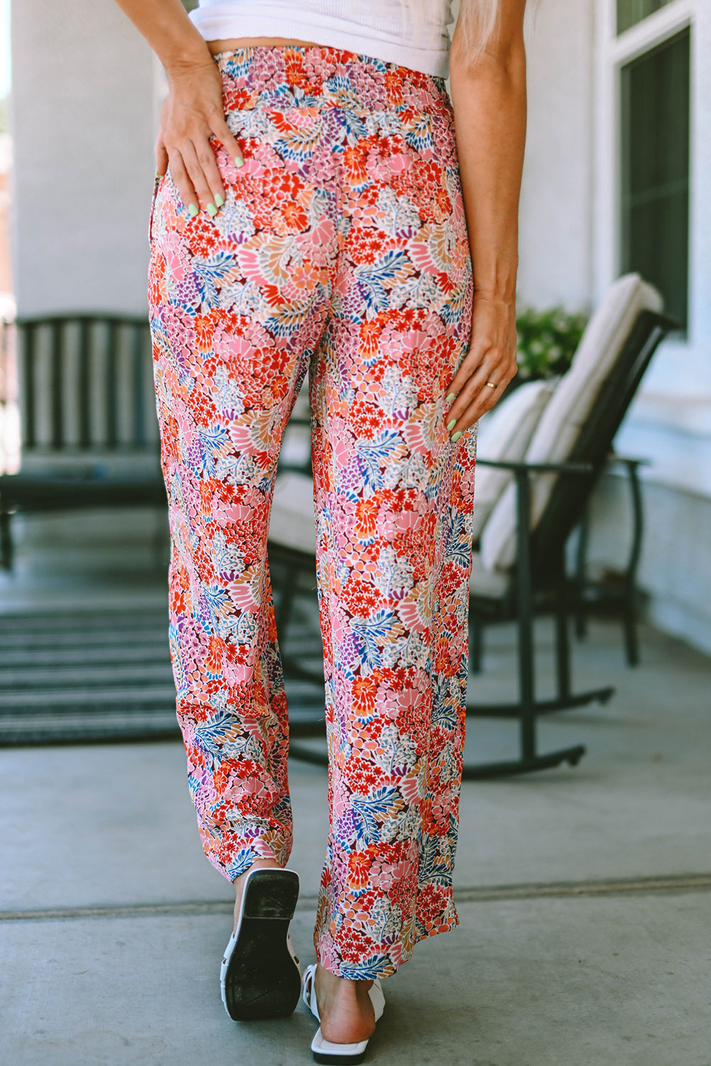 Red Gorgeous Print Drawstring Smocked High Waist Pants