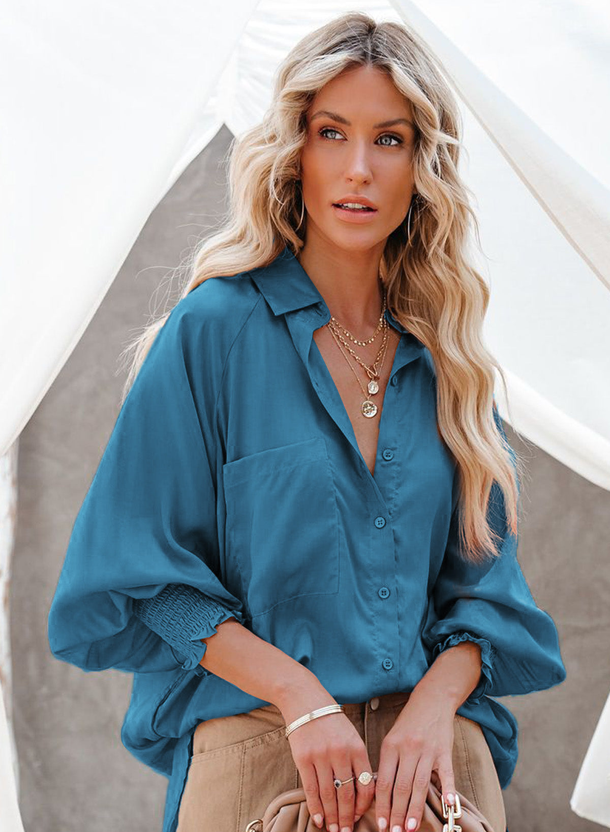 Blue Billowy Sleeves Pocketed Shirt