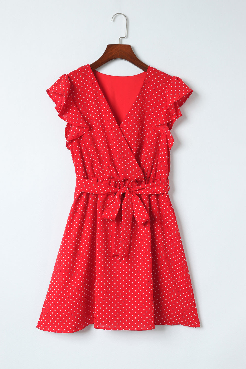 Red Polka Dot V Neck Ruffle Sleeve Dress