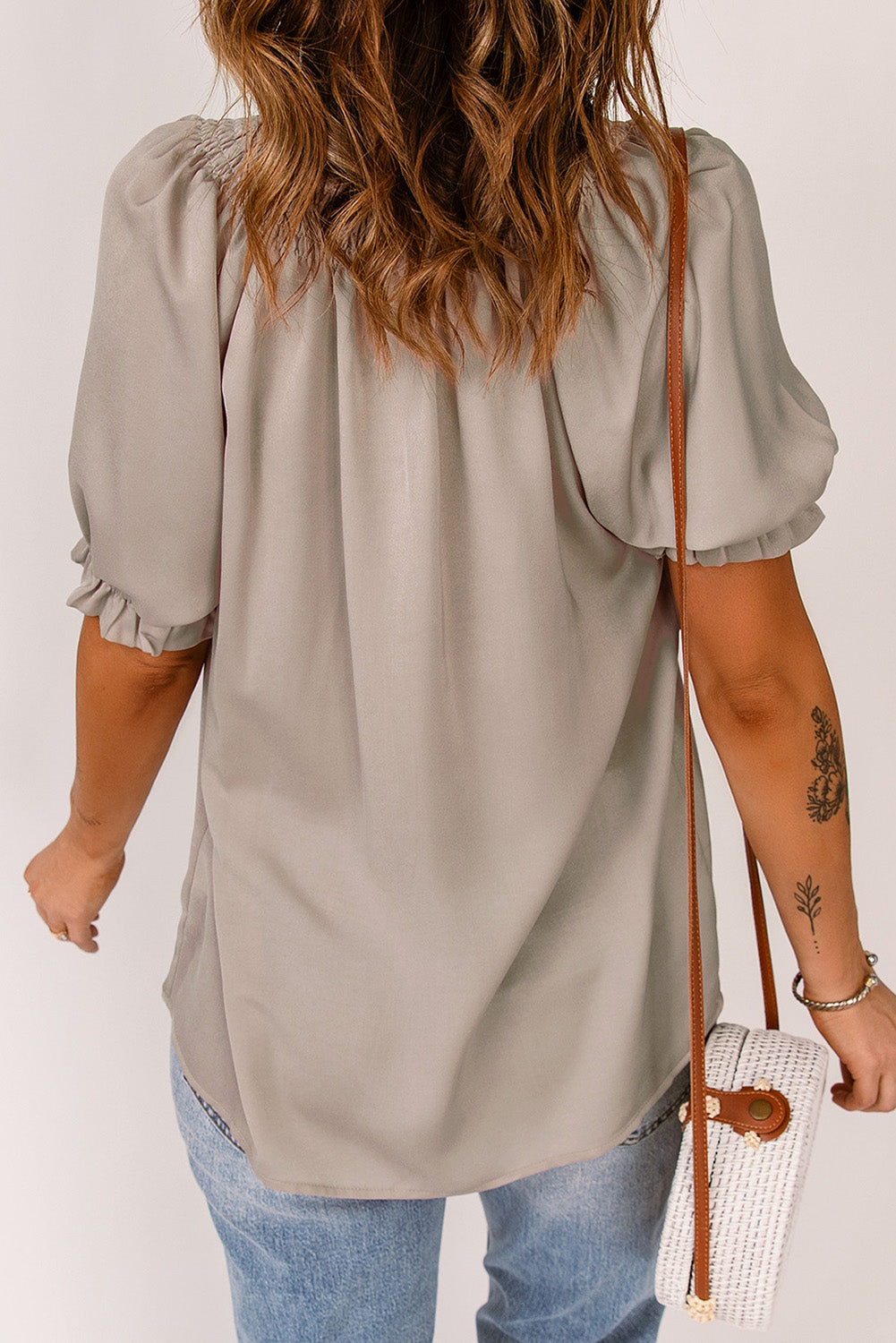 Khaki Split Frill Neck Puff Sleeve Blouse