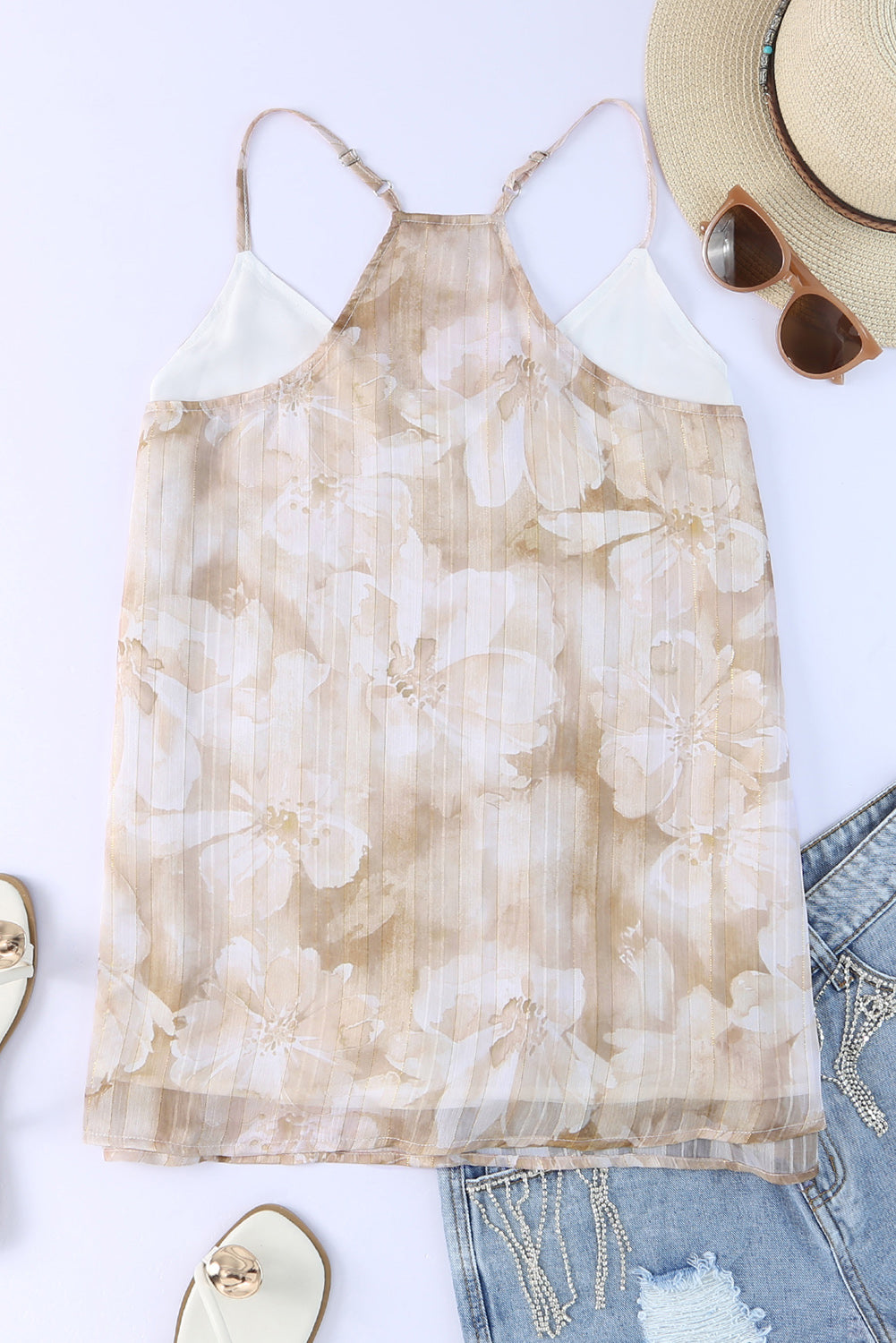 Apricot Floral Print Adjustable Spaghetti Strap V Neck Tank Top