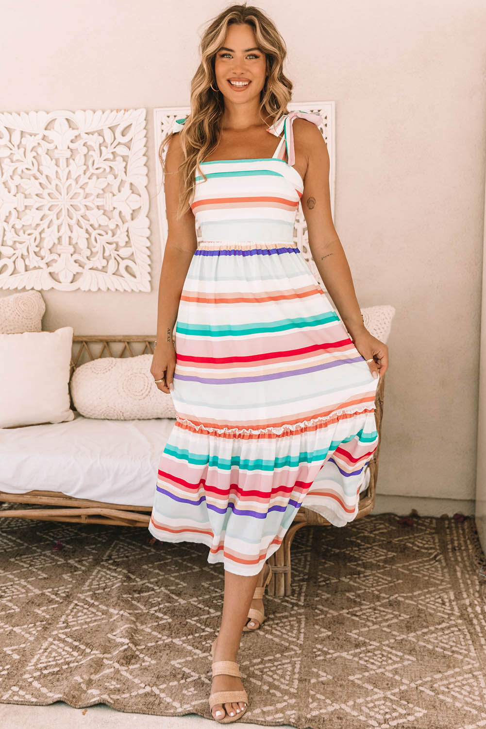 Multicolor Tie Shoulder Strap Striped Midi Dress