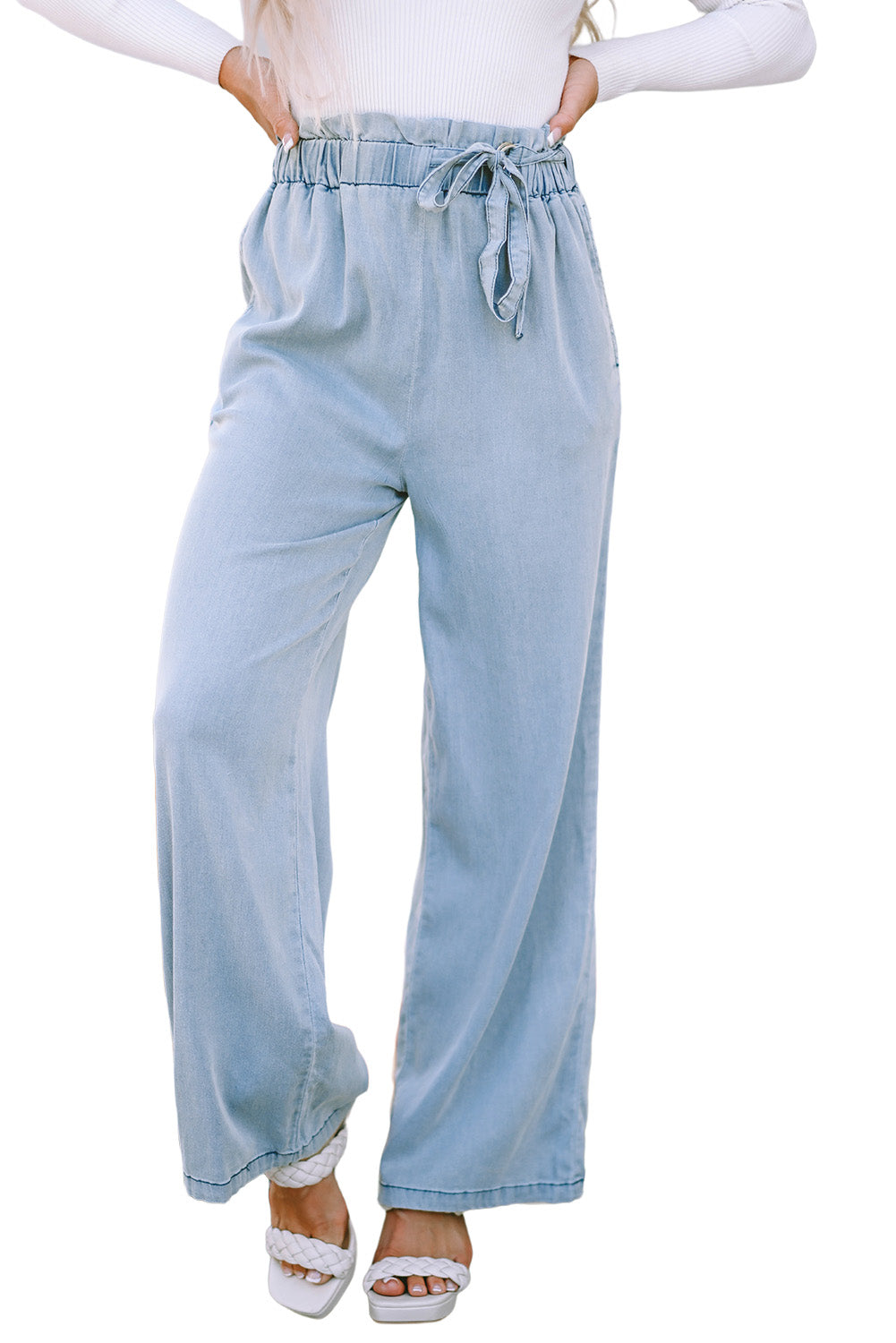 Sky Blue High Waist Pocketed Wide Leg Tencel Jeans