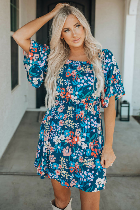 Blue Square Neck Ruffle Floral Dress