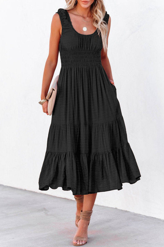 Black U-Neck Sleeveless Ruched Tiered Ruffled Midi Dress