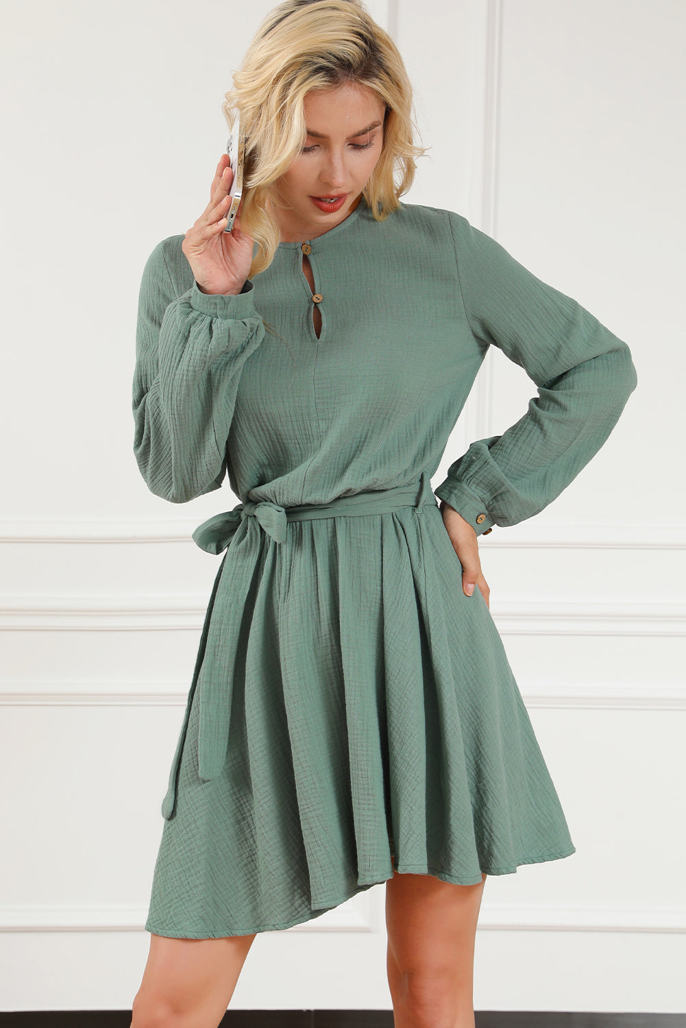 Pickle Green Button Neck Puff Sleeve Belted Pleated Mini Dress