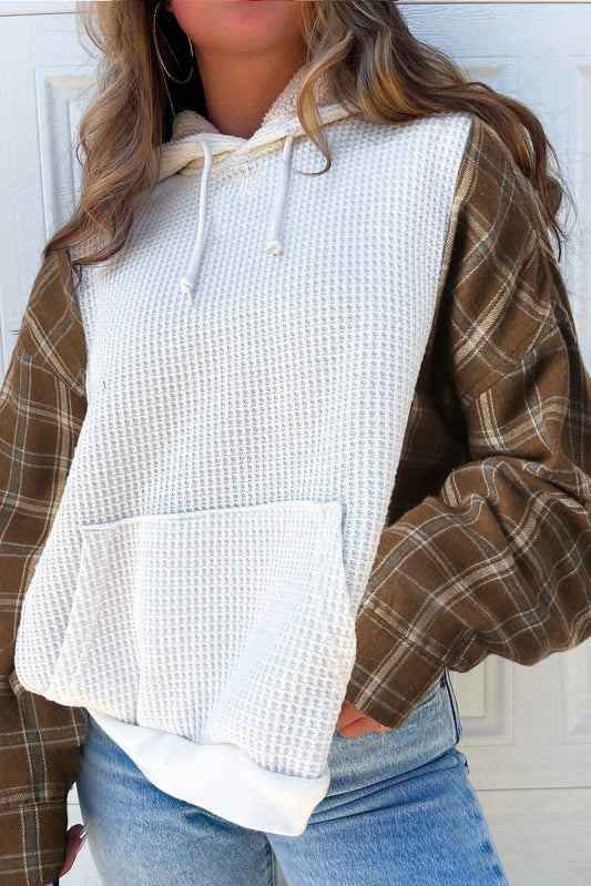 White Waffle Patch Plaid Sleeve Kangaroo Pocket Hoodie