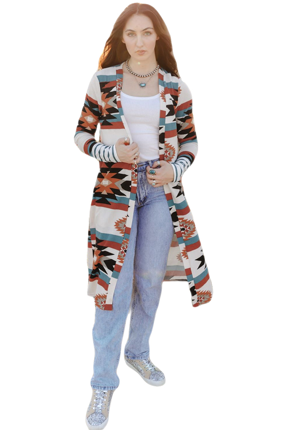 Multicolor Geometric Color Block Open Front Long Cardigan